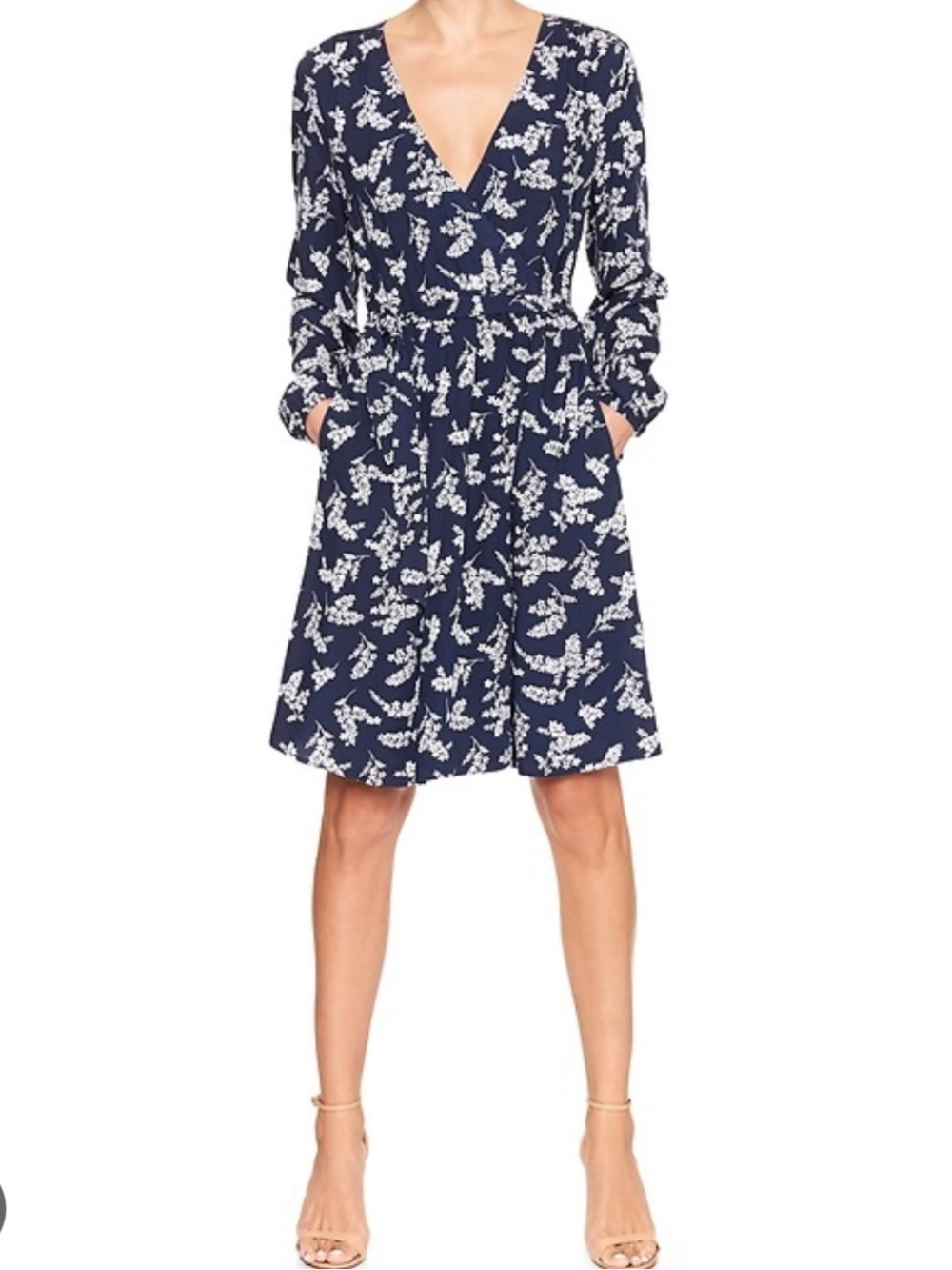 GAP Navy and White Floral Long-Sleeve Wrap Dress
